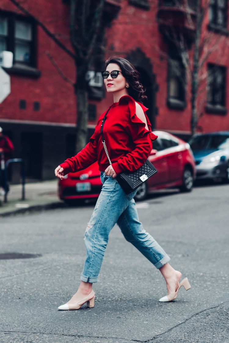 red ruffle sweat shirt with AG jean and chanel shoe-1541